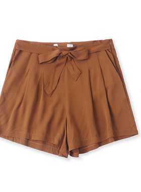 棉绸绑带休闲裤夏季新款外贸女装百搭拉链口袋高腰修身短裤12838