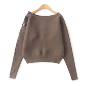 新款 蝙蝠针织衫 外贸女装 斜肩钮扣圆领百搭长袖 19452 时尚 毛衣冬季