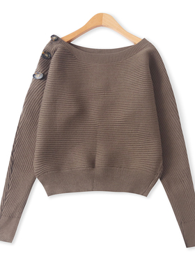 毛衣冬季新款外贸女装时尚斜肩钮扣圆领百搭长袖蝙蝠针织衫19452