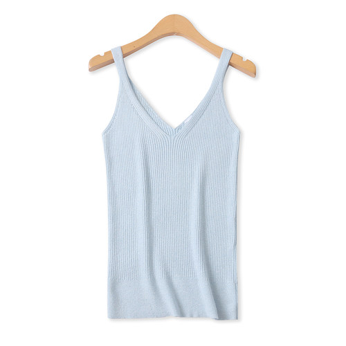 针织亮丝背心夏新款外贸女装百搭修身高弹力前后V领打底上衣18523