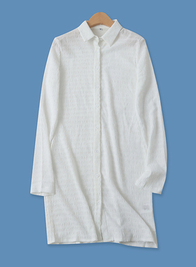 蚂蚁皱衬衫春秋新款外贸女装时尚百搭单排扣翻领中长款衬衣16162