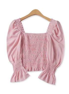 雪纺小衫春夏新款外贸女装时尚方领泡泡长袖修身褶皱短上衣17561