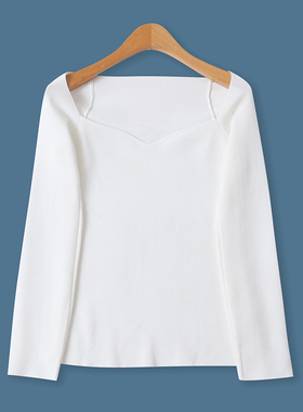 露锁骨白针织衫秋季新款外贸女装时尚百搭修身方领长袖打底18911