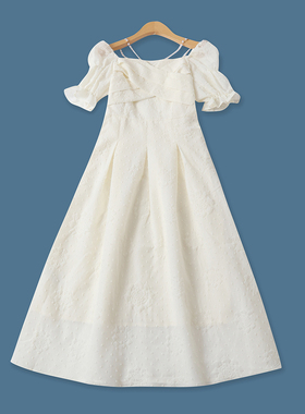 法式连衣裙秋季新款外贸女装肌理感收腰方领串珠泡泡袖长裙18789