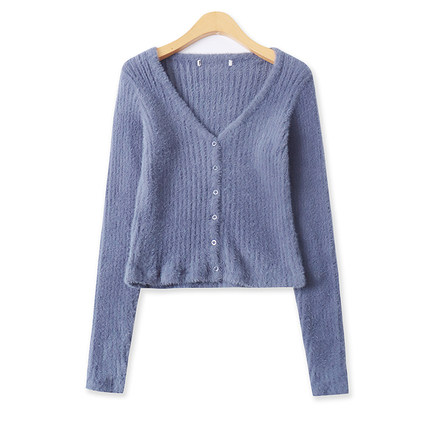 毛毛针织开衫秋季新款外贸女装百搭V领单排扣修身长袖短外套18336