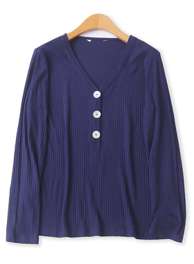 宽松T恤秋季新款外贸女装百搭高弹力V领有扣长袖套头打底衫18591