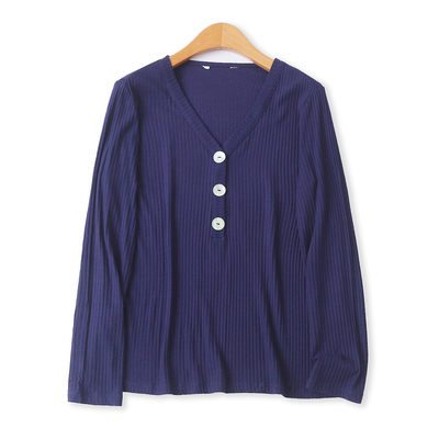 宽松T恤秋季新款外贸女装百搭高弹力V领有扣长袖套头打底衫18591