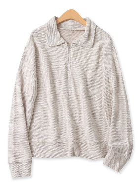 针织卫衣秋季新款外贸女装大码休闲宽松长袖翻领半拉链上衣17339