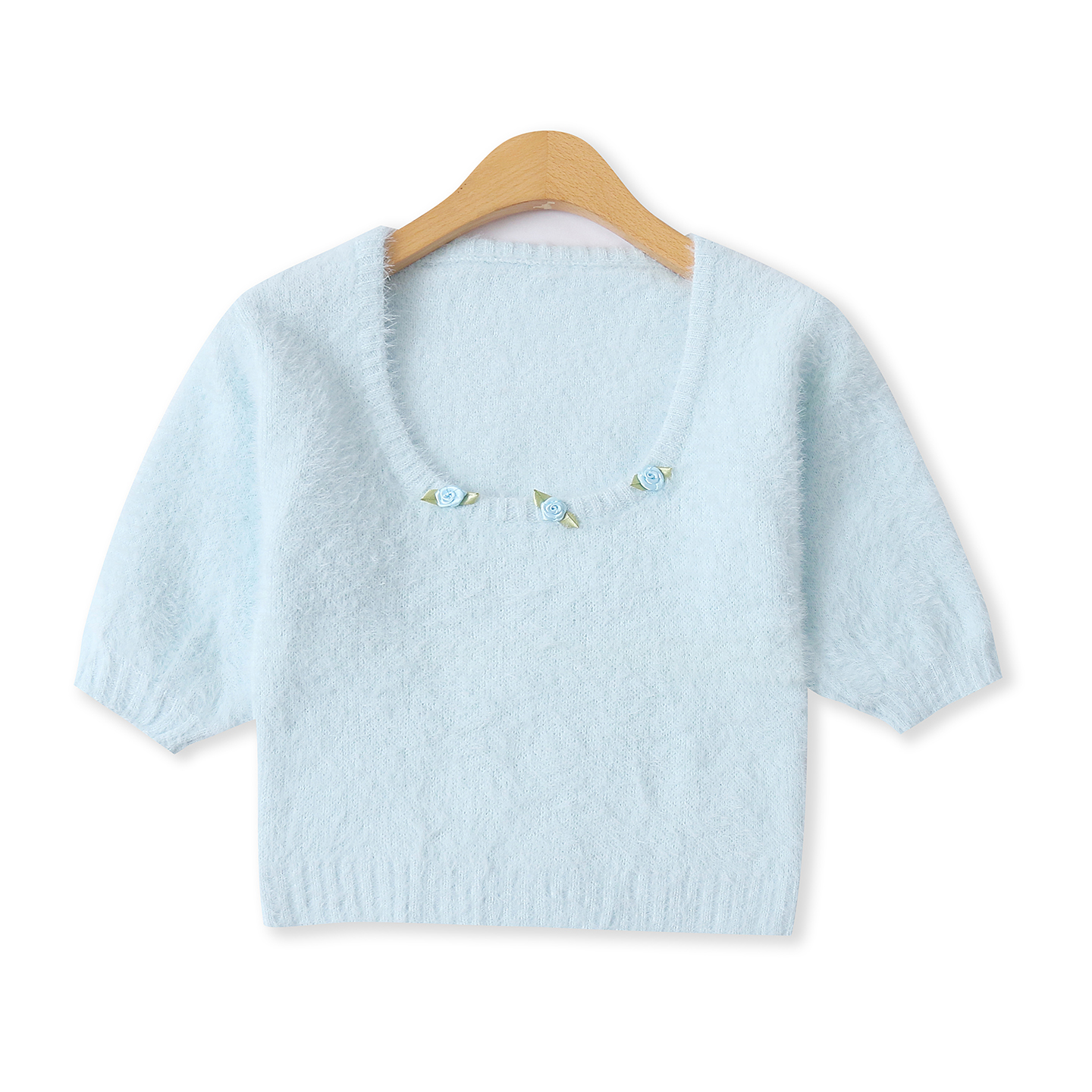 马海毛T恤秋季新款外贸女装百搭短款修身花朵低圆领短袖打底18754