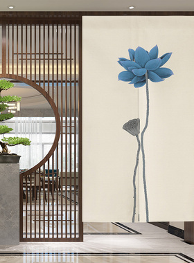 中式简约禅意荷花门帘家用卧室书房玄关隔断帘厕所免打孔长款布帘