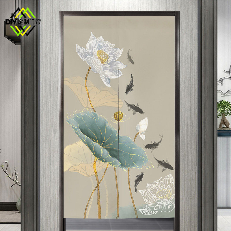 新中式禅意荷花门帘卧室隔断布帘