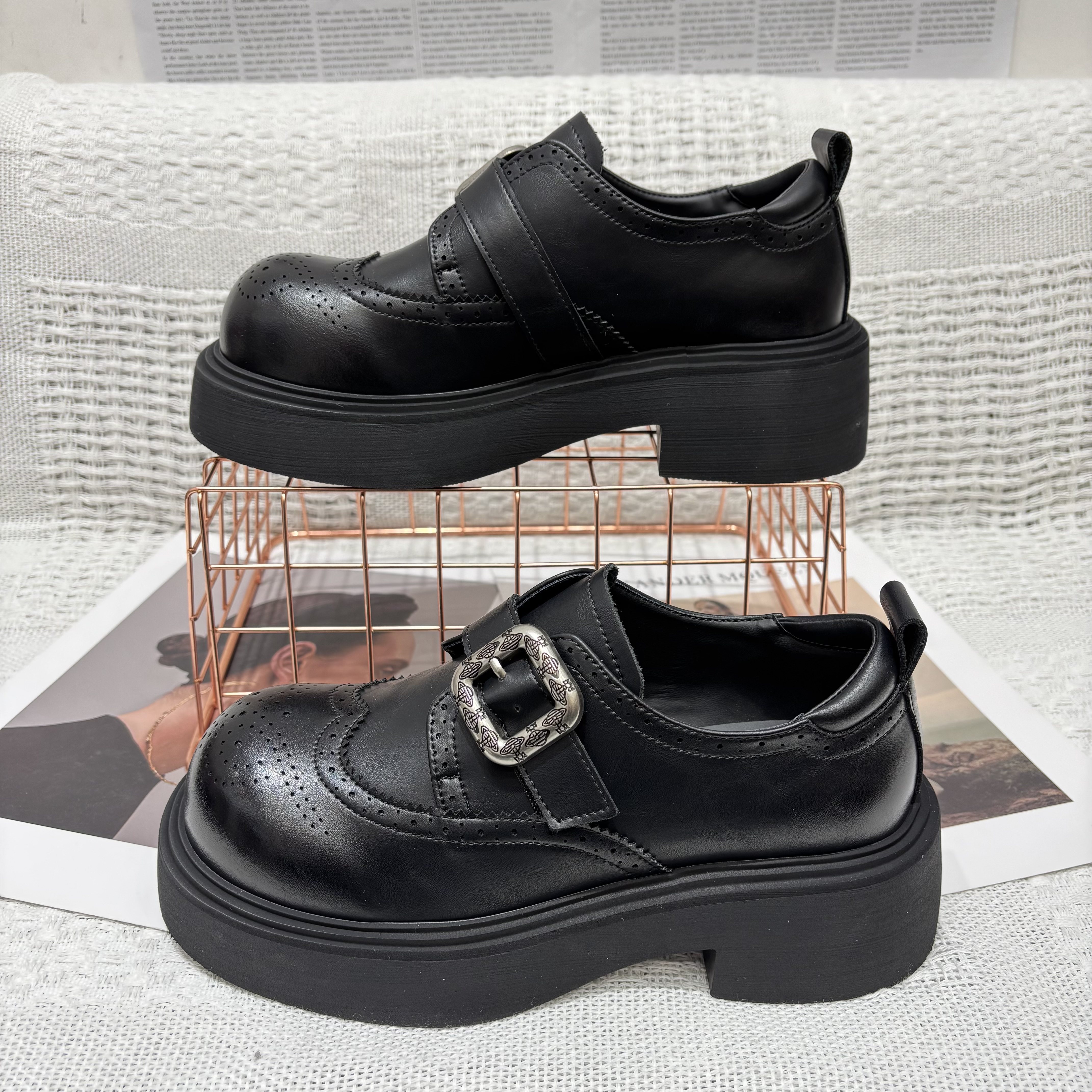 英伦风2026春季新款厚底乐福鞋女黑色金属扣布洛克百搭休闲小皮鞋,女鞋,时尚雪地靴,淘宝优惠券,粉丝福利购,淘宝优惠卷