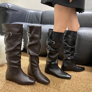 网红韩版堆堆高筒靴女2026新款皮带扣内增高瘦瘦靴女百搭褶皱长靴
