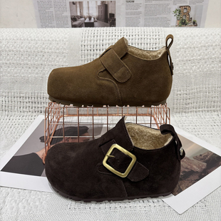 韩版2025冬季新款真皮反绒高帮勃肯鞋女乐福鞋平底一脚蹬加绒棉鞋