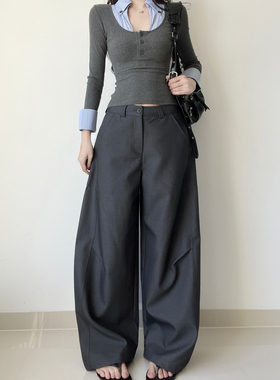 美式辣妹中高腰褶皱灰色弯刀裤复古宽松阔腿西装裤休闲裤拖地长裤