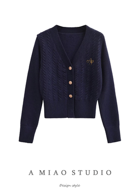 秋冬复古学院风V领修身单排扣字母刺绣开衫长袖针织衫毛衣外套女