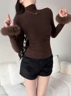 氛围感温柔风可脱卸毛毛袖口磨毛舒适弹力高领长袖修身T恤打底衫