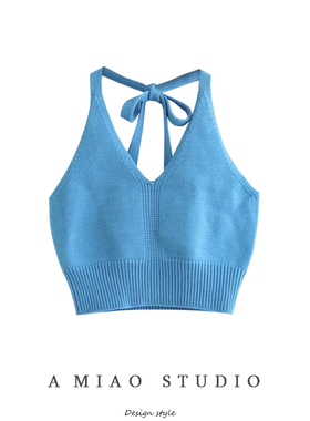 澳洲小众性感纯色系带挂脖式针织小背心辣妹风短款修身V领吊带女