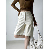 复古辣妹高腰pu皮显瘦五分裤 休闲中裤 秋季 直筒裤 女 新款 设计感美式