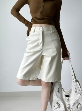 设计感美式复古辣妹高腰pu皮显瘦五分裤秋季新款直筒裤休闲中裤女