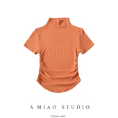 小高领弧形下摆侧边抽褶收腰短袖 上衣 女辣妹短款 紧身T恤夏季 新款