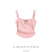 泰式 背心 抽褶修身 辣妹蝴蝶结印花小吊带女夏季 多巴胺甜辣外穿短款