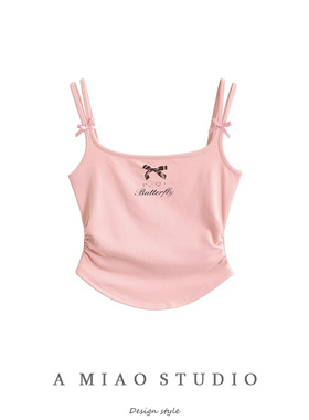 泰式辣妹蝴蝶结印花小吊带女夏季多巴胺甜辣外穿短款抽褶修身背心