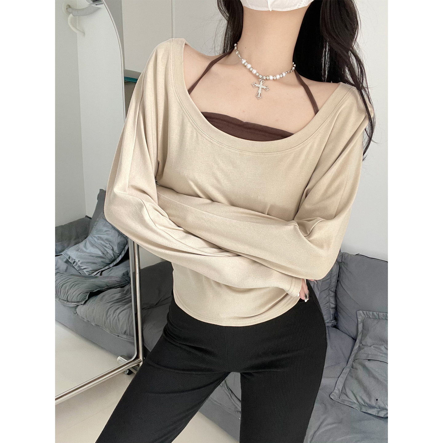 纯欲辣妹松弛感T恤抹胸两件套