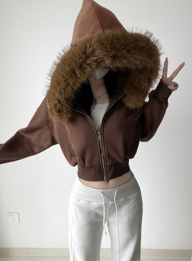 美式复古大毛领连帽短外套女加绒加厚保暖拉链开衫短款拉链卫衣潮