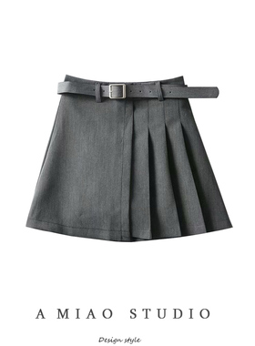 小众设计款腰带高腰A字半身裙洋气百搭女不规则百褶裙西装裙短裙