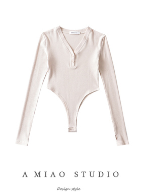 欧美风性感深V领套指长袖连体T恤春装女纯色显瘦纯欲打底衫上衣女