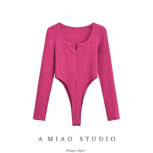 女性感打底衫 欧美辣妹风U领拉链纯色长袖 新款 露腰连体T恤春装 修身