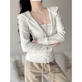 复古美式 显瘦薄绒弹力连帽卫衣女秋冬收腰运动休闲外套潮 拉链修身