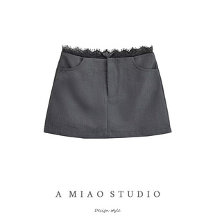 a字短裙女 半身裙防走光夏季 美式 复古纯欲蕾丝花边高级灰低腰西装
