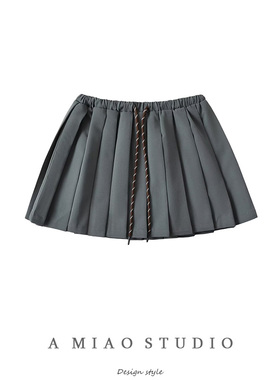 简约百搭学院风抽绳松紧腰灰色百褶裙女甜辣防走光A字半身裙短裙