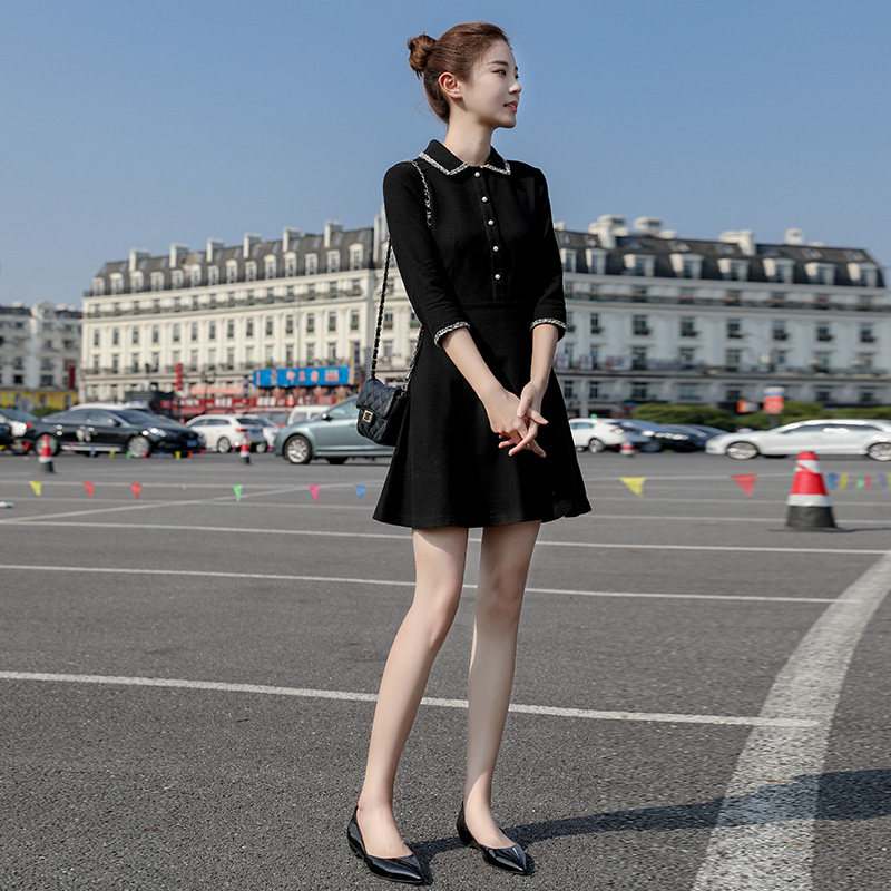 连衣裙女春秋装2020新款夏季小香风收腰POLO衫裙针织长袖黑色裙子