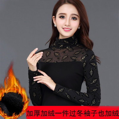 加绒加厚长袖高领蕾丝网纱T恤