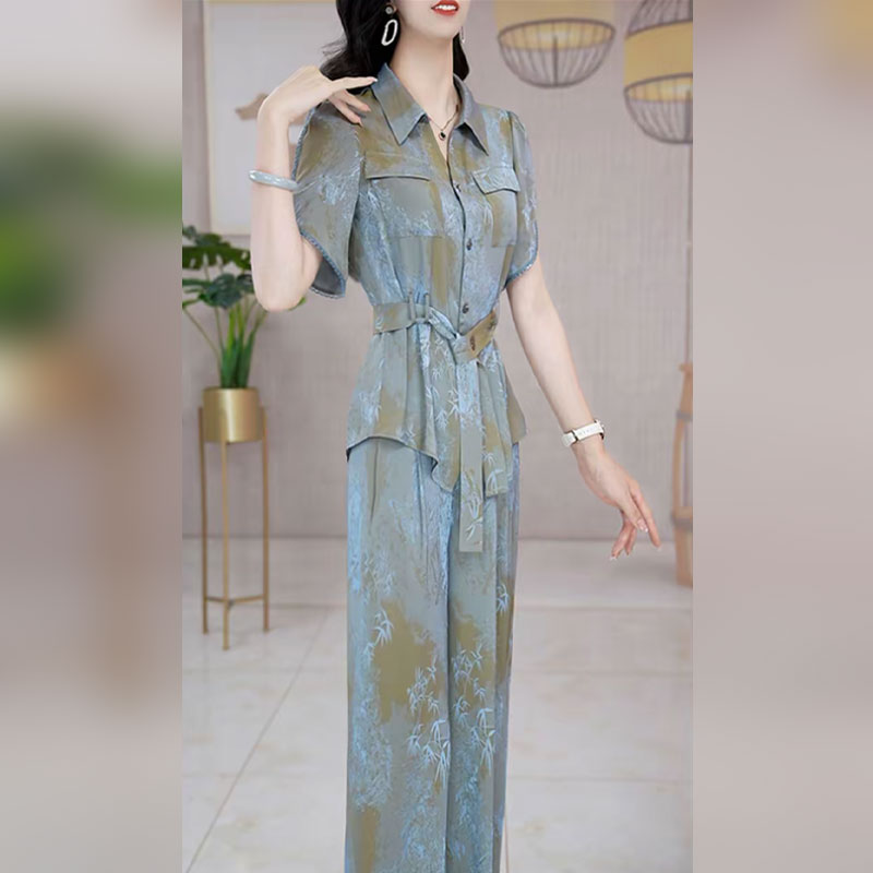 梦晚衬衫领短袖休闲套装女2025新款夏宽松减龄薄款阔腿裤两件套潮