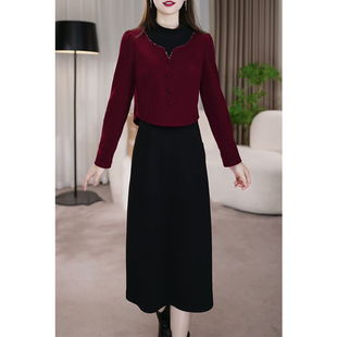 轻奢高级感长袖 妈妈洋气婚宴礼服裙子 假两件连衣裙女2026秋冬新款