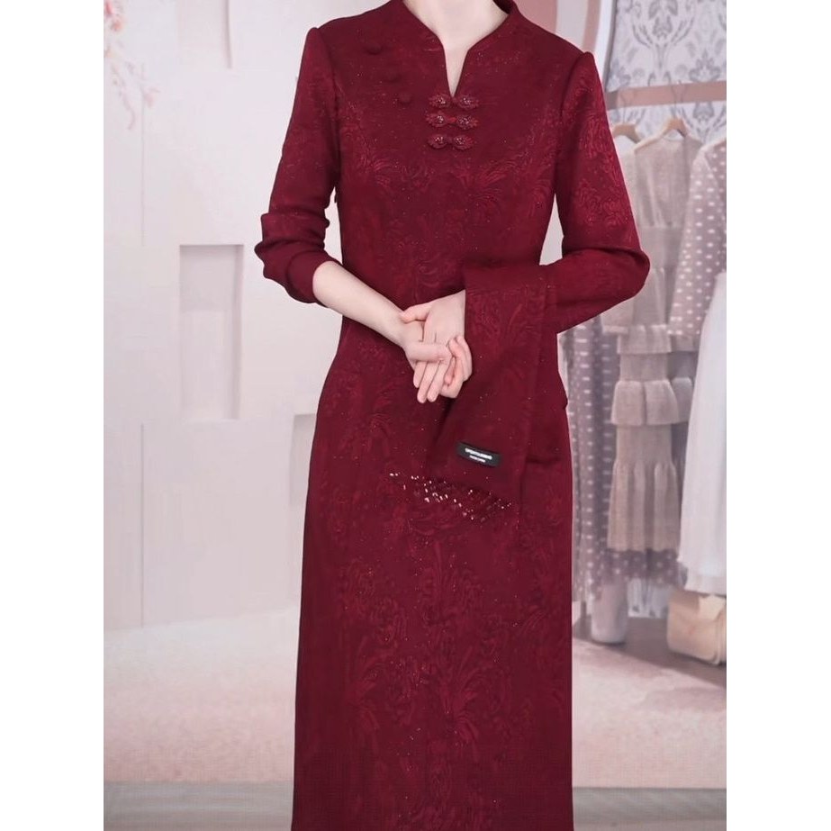 提花软精纺改良旗袍裙2025秋冬新款女装时尚气质显瘦新中式连衣裙