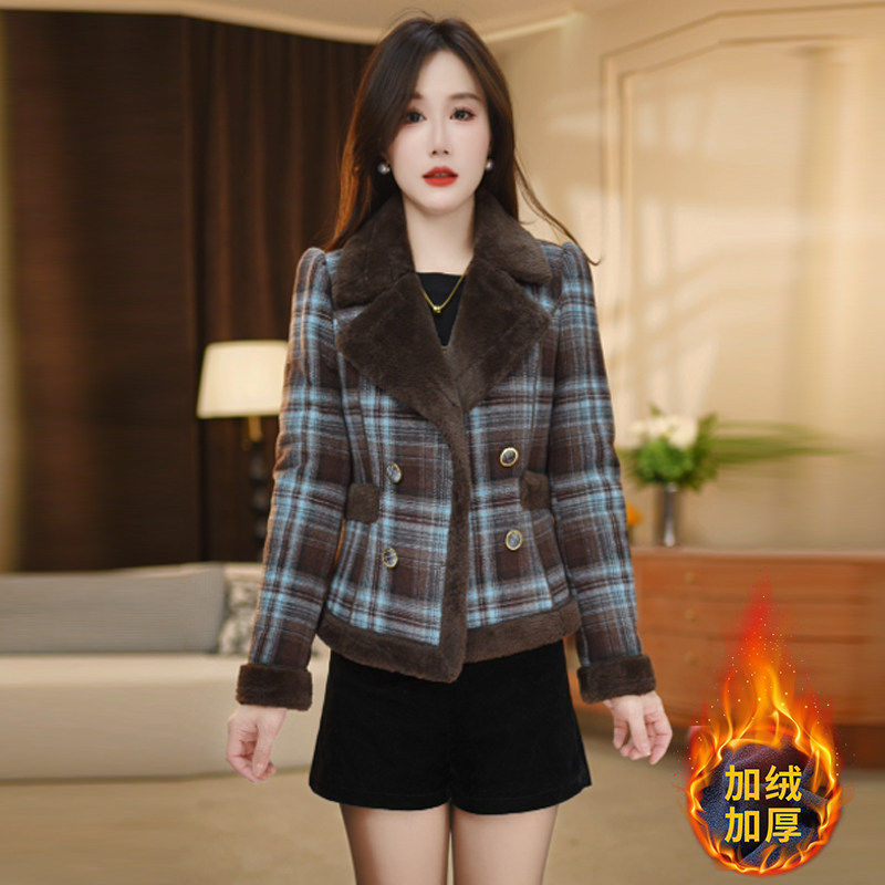 赛菲雅小香风格纹短款毛呢女冬季2025新款加绒加厚小个子呢子外套