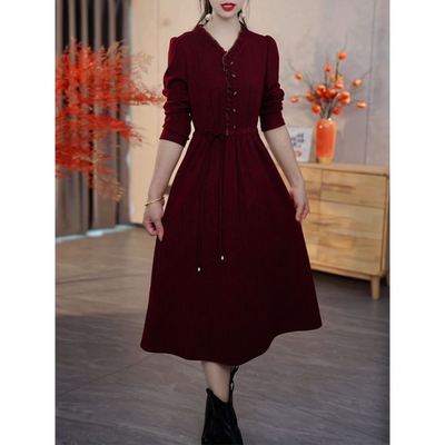 高级感V领长袖收腰连衣裙女2025春秋新款妈妈喜婆婆婚宴礼服裙子