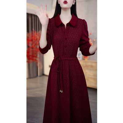 广州十三行长袖POLO领连衣裙女2025秋冬新款妈妈婚宴礼服收腰裙子