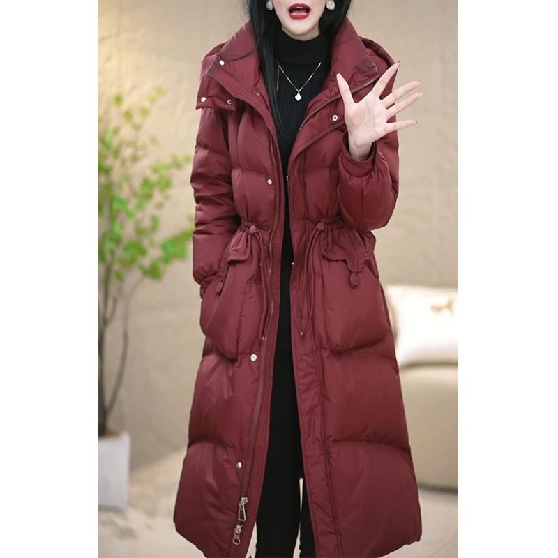 气质女士长款连帽羽绒服2024秋冬新款妈妈修身加厚保暖白鸭绒外套