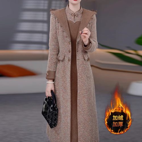 艾丝琪2025冬季新款西装领大衣+两件套裤子保暖洋气流行时尚套装