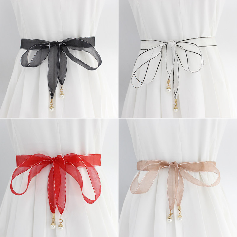 打结腰带女士百搭连衣裙装饰配裙子网纱细腰绳珍珠蝴蝶结裙带腰链