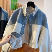 夹克上衣 宽松休闲百搭短款 欧货牛仔拼接立领外套女春秋季 2025新款