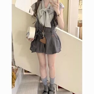 艺术系法则俏皮套装日系时髦蝴蝶结绑带衬衫花苞收腰背带裤两件套