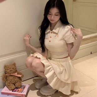 蝴蝶结polo领上衣系带短款 学生超仙少女风芭蕾甜辣妹半身裙两件套