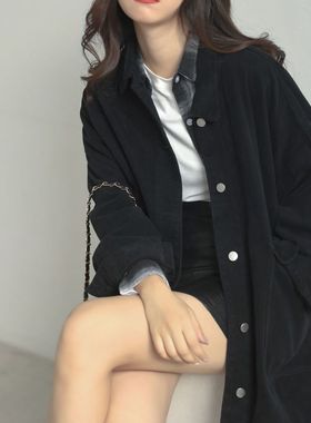 韩版新款中长款外套女学生女ins百搭宽松上衣复古长袖BF风工装潮